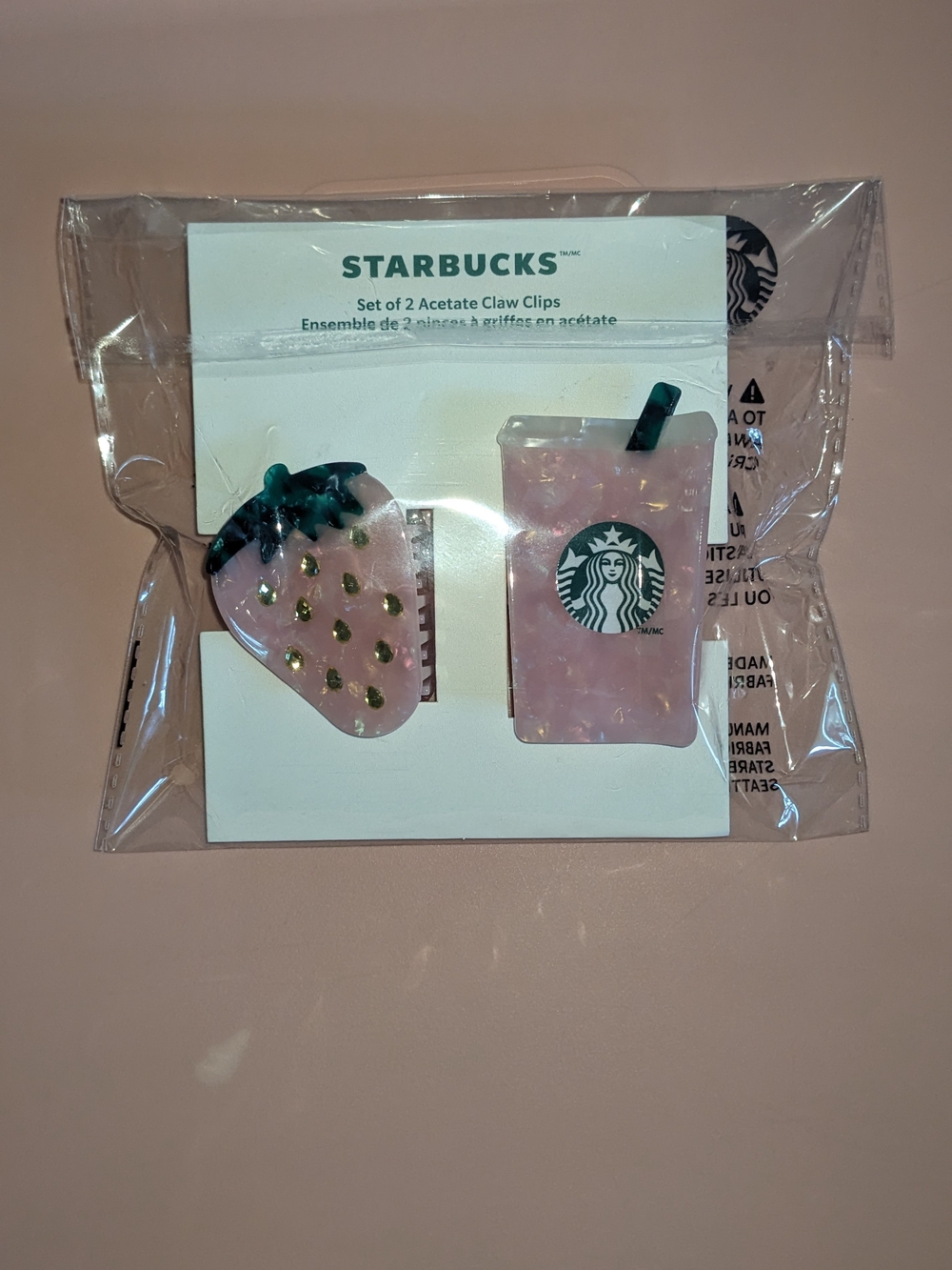 Starbucks Pink Strawberry & Drink Acetate Hair Clips - Gold Accents